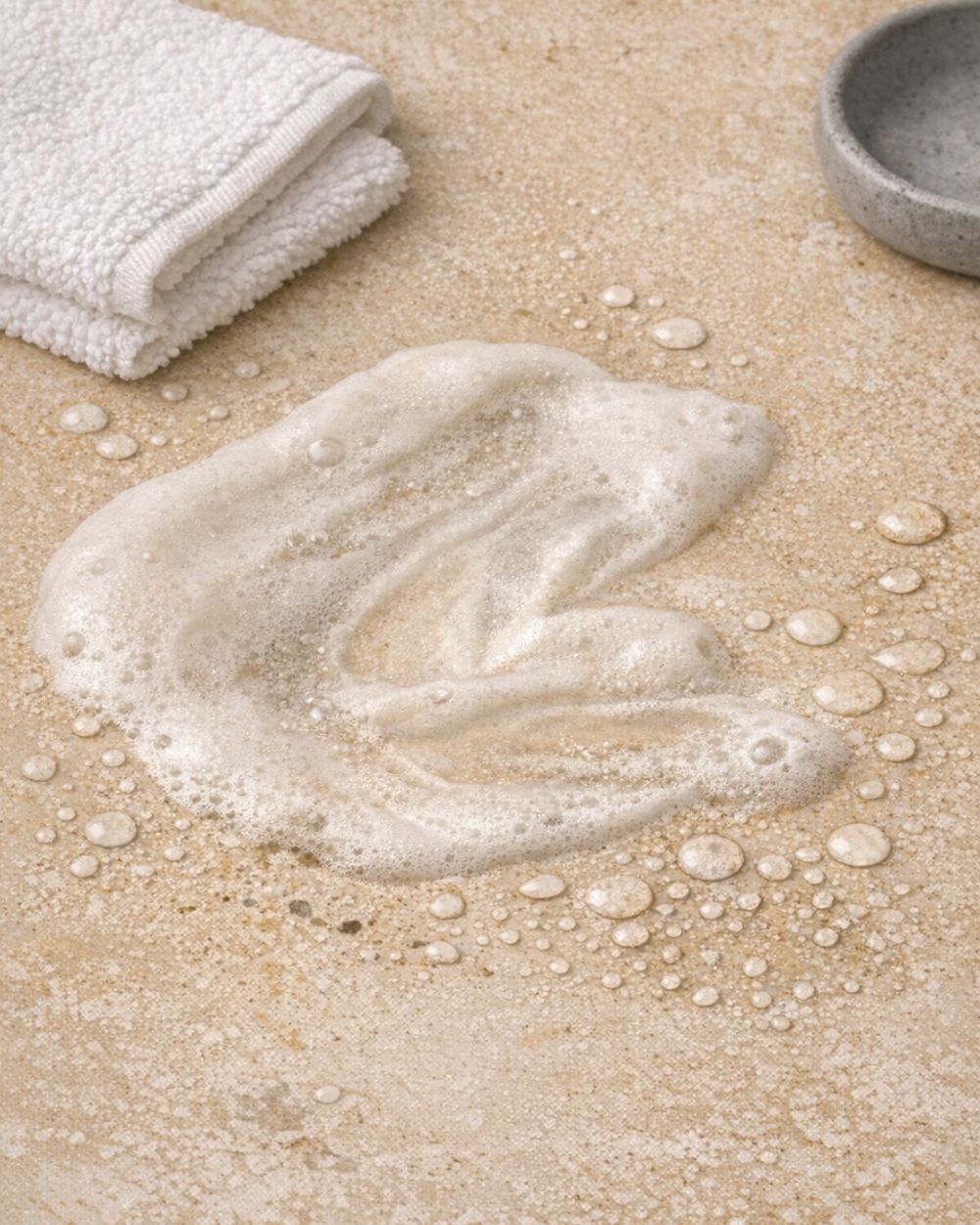 Creamy white body‑wash foam spread across warm beige stone, with scattered water droplets, a folded white terry towel in the top left corner, and the edge of a grey ceramic dish in the top right.