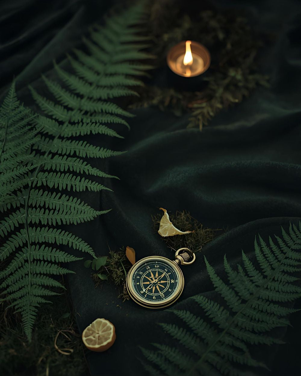 “Fougère fragrance flat lay with compass, fern leaves, candlelight, and citrus on velvet green fabric — cinematic and aromatic.”