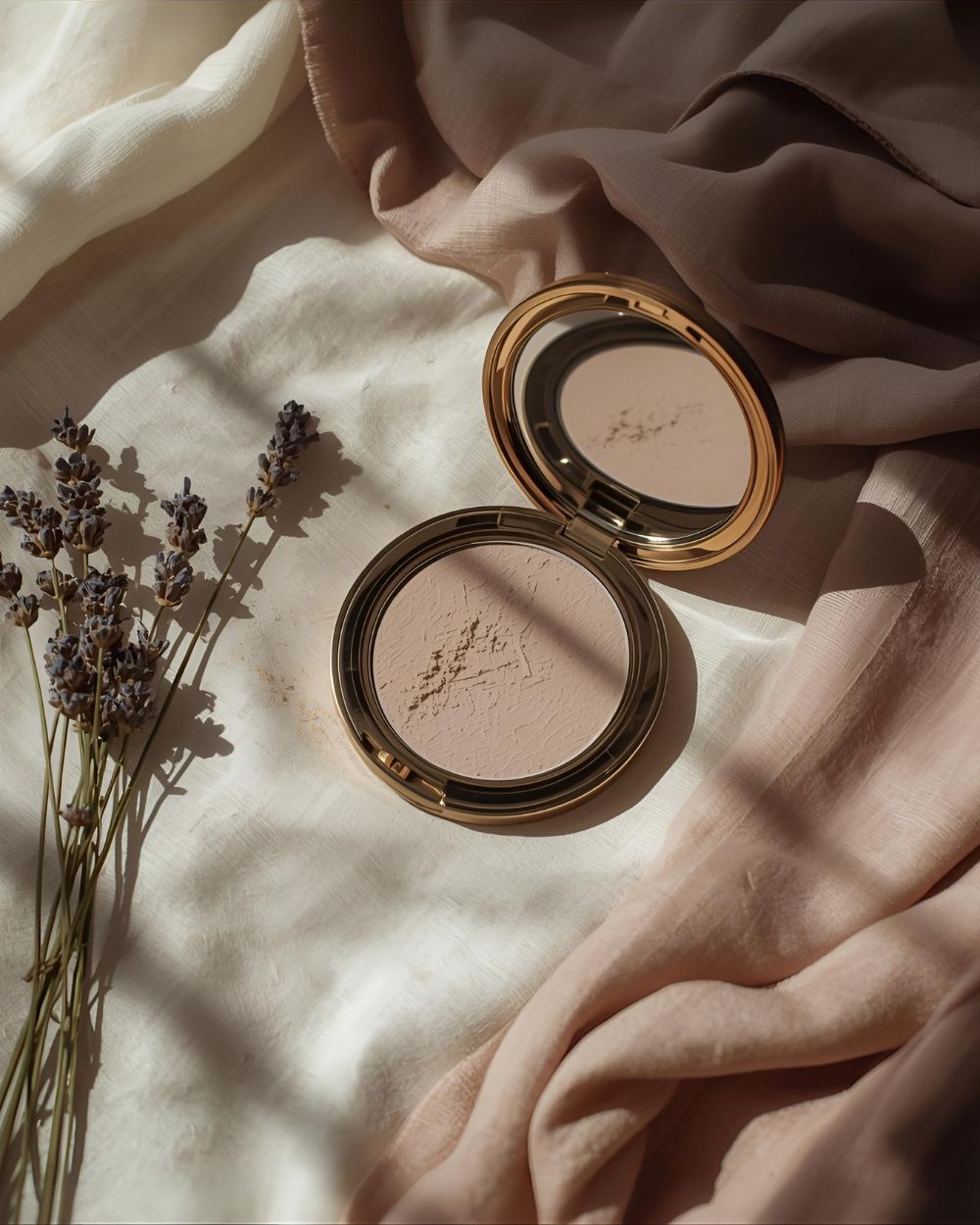 Powdery extrait collection — soft, nostalgic scents with iris, heliotrope, violet, and tonka. A golden compact on blush fabric with dried lavender in soft natural light.