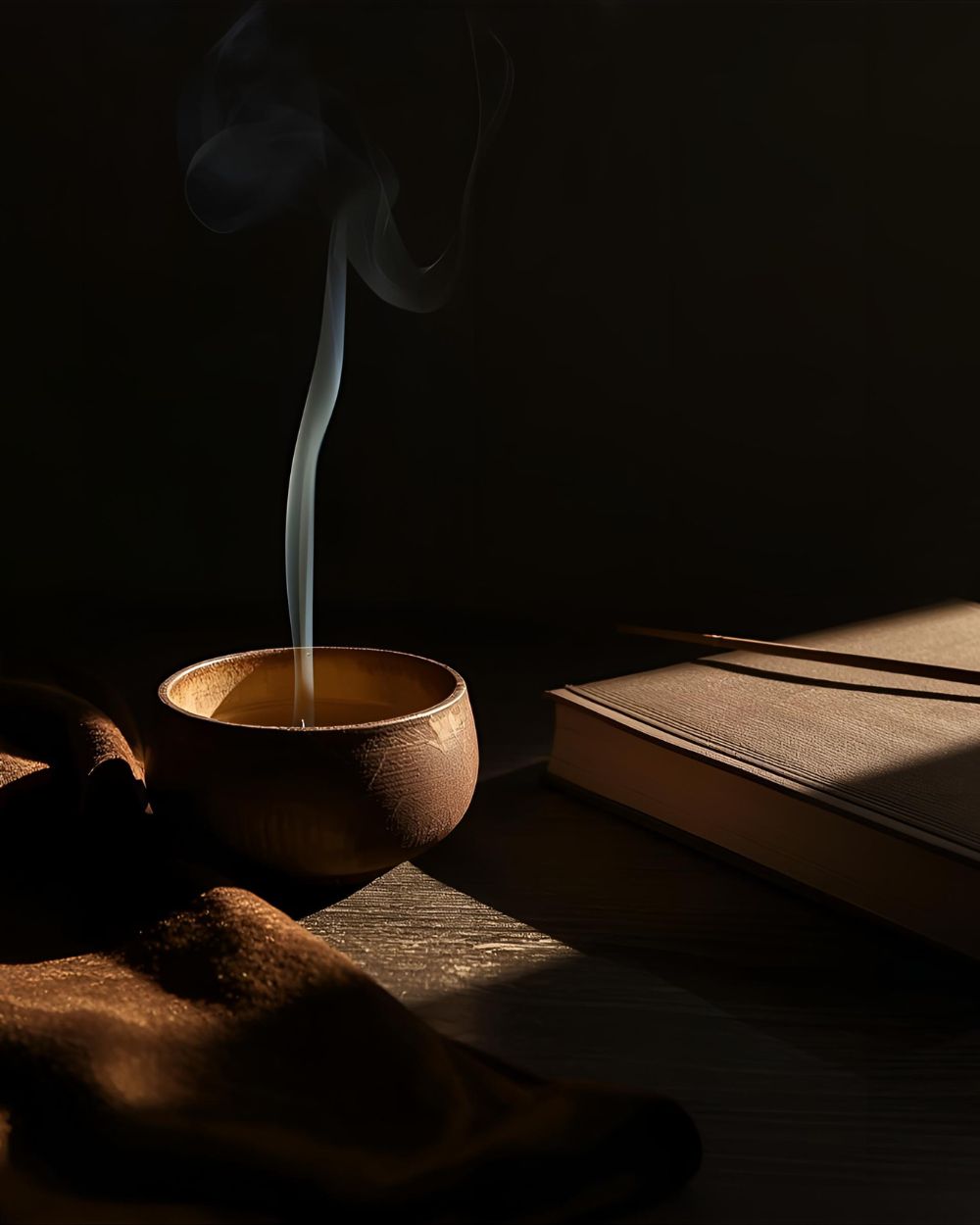 Resinous extrait collection — smoky scents with incense, myrrh, labdanum, and benzoin. A wooden incense holder with rising smoke, velvet cloth, and candlelit shadows.