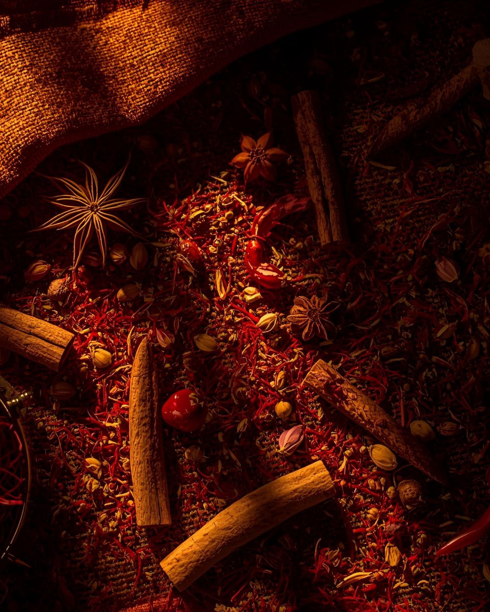 Warm-toned composition with dried spices and textured fabric — evoking the bold, fiery elegance of spicy extrait de parfum.