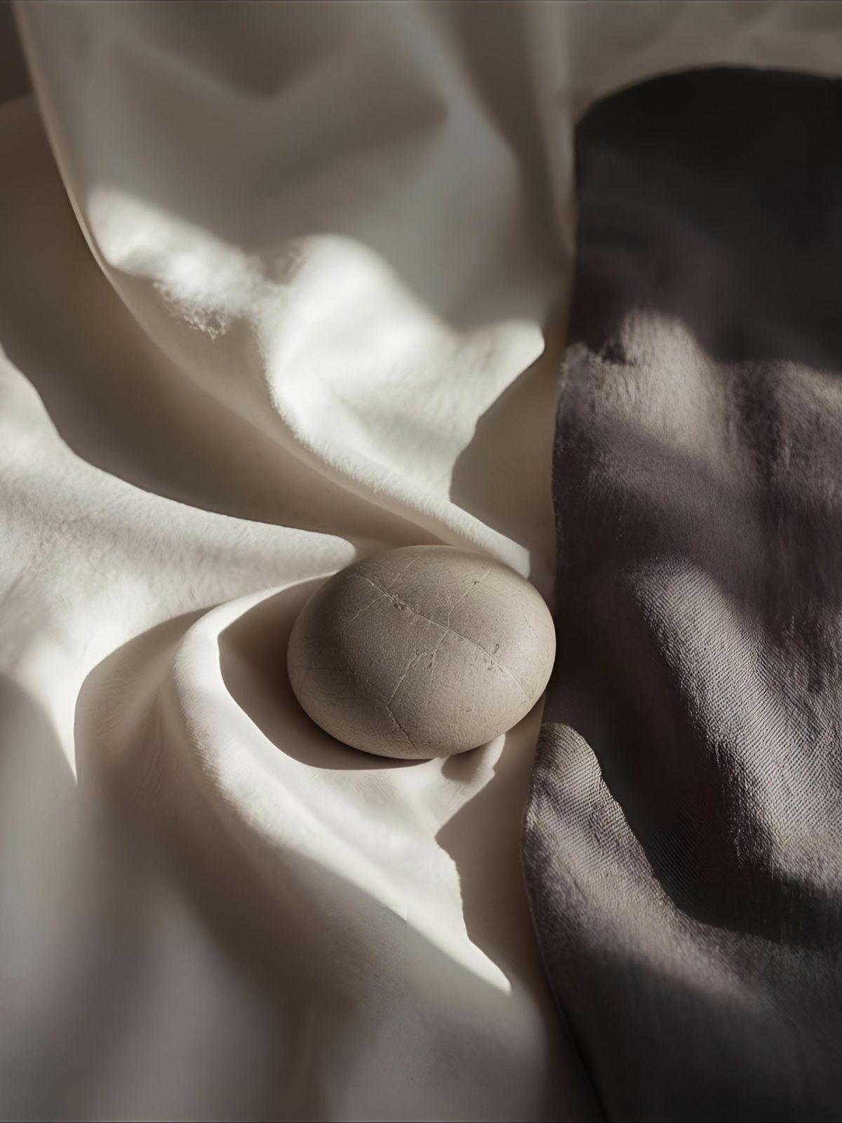 Smooth stone resting on layered silk and linen — evoking quiet magnetism, fluid elegance, and the grounded restraint of unisex extrait de parfum.