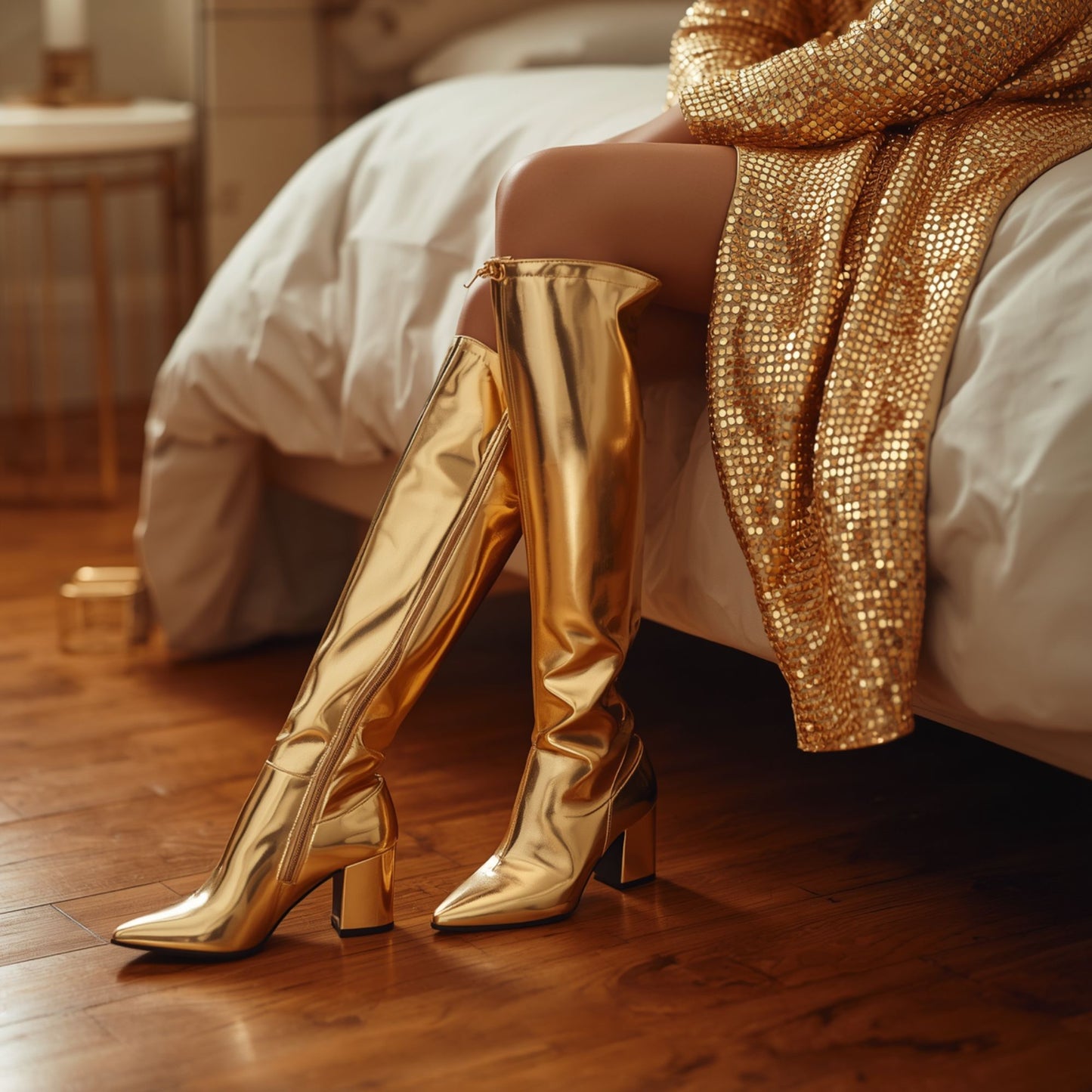 A person seated on the edge of a bed wearing metallic gold knee‑high boots and a gold sequined jacket, with warm lighting reflecting off the gold materials against a wooden floor.