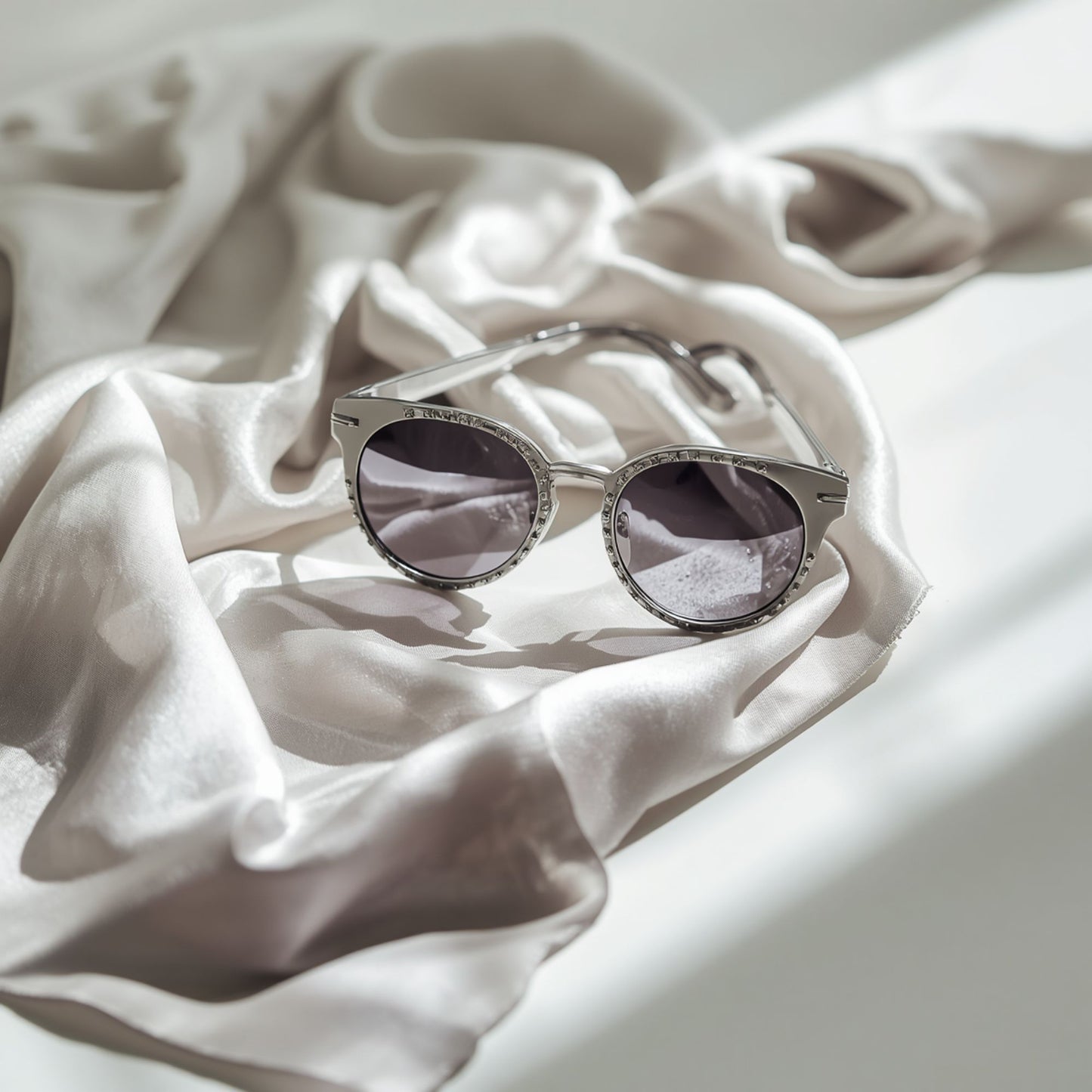 A pair of round metallic sunglasses with dark lenses resting on glossy light-colored satin fabric, with soft natural lighting creating gentle highlights and shadows across the folds.