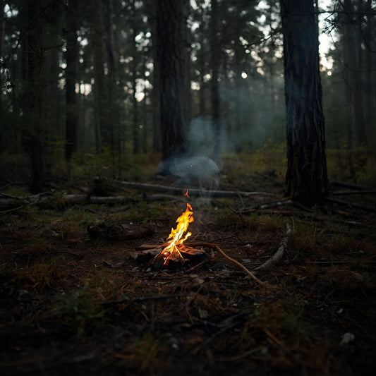 After the Trace extrait de parfum — a smoky reinterpretation of Byredo Gypsy Water. Juniper, lemon, pine needle, incense, sandalwood, vanilla, and amber. A small campfire burns in a quiet forest, smoke drifting into morning light, evoking solitude, memory, and lingering presence.