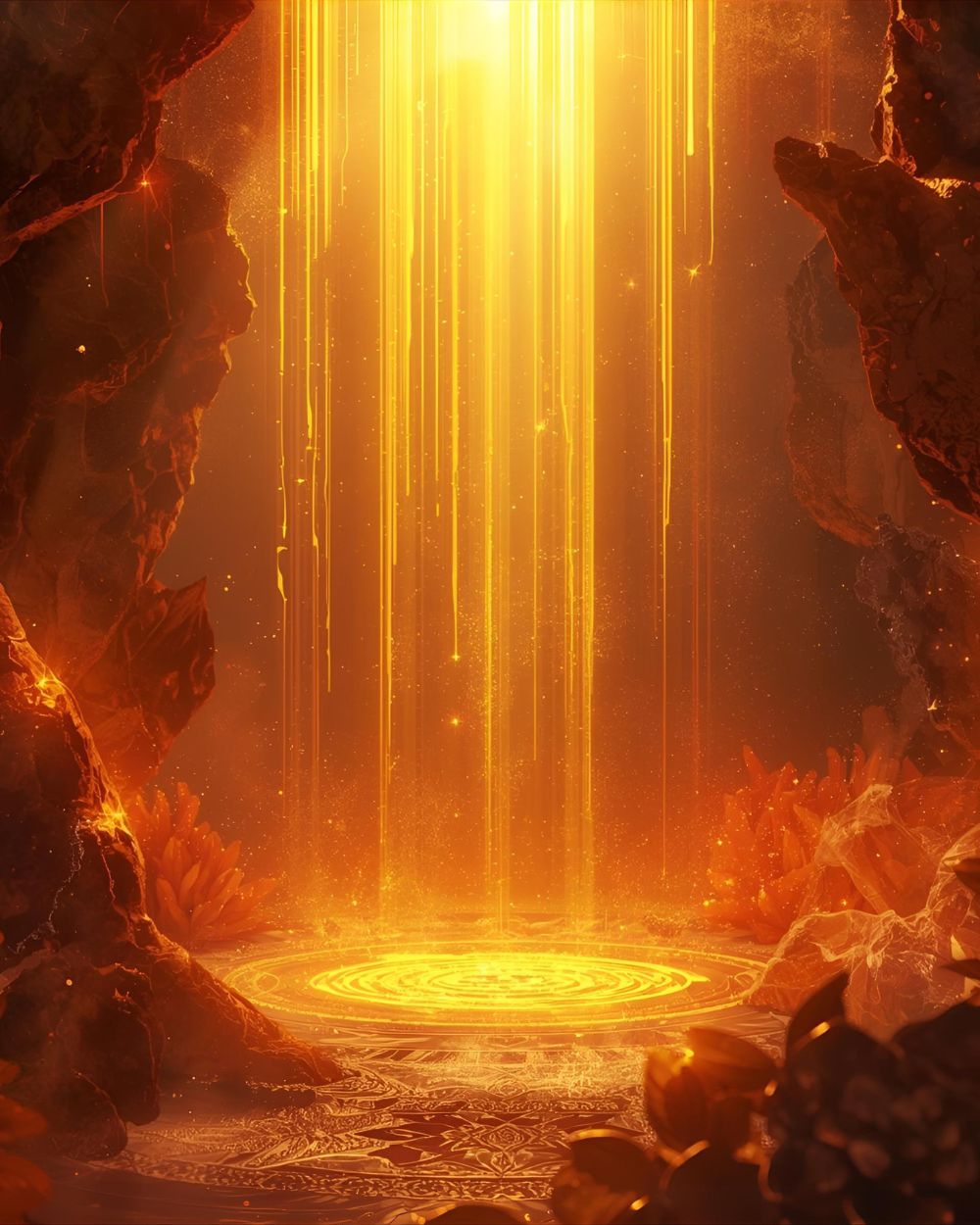 Amber scent family. Radiant, resinous, and elemental. A glowing cascade of golden light and rocky textures evokes warmth, depth, and quiet power.