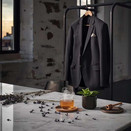 Amber Code extrait de parfum — a bold reinterpretation of Jean Paul Gaultier Le Male Elixir. Lavender, mint, vanilla, benzoin, honey, and tonka bean. A dusk-lit loft with lavender sprigs, mint tea, honey, and structured textures, evoking masculine warmth and olfactive clarity.