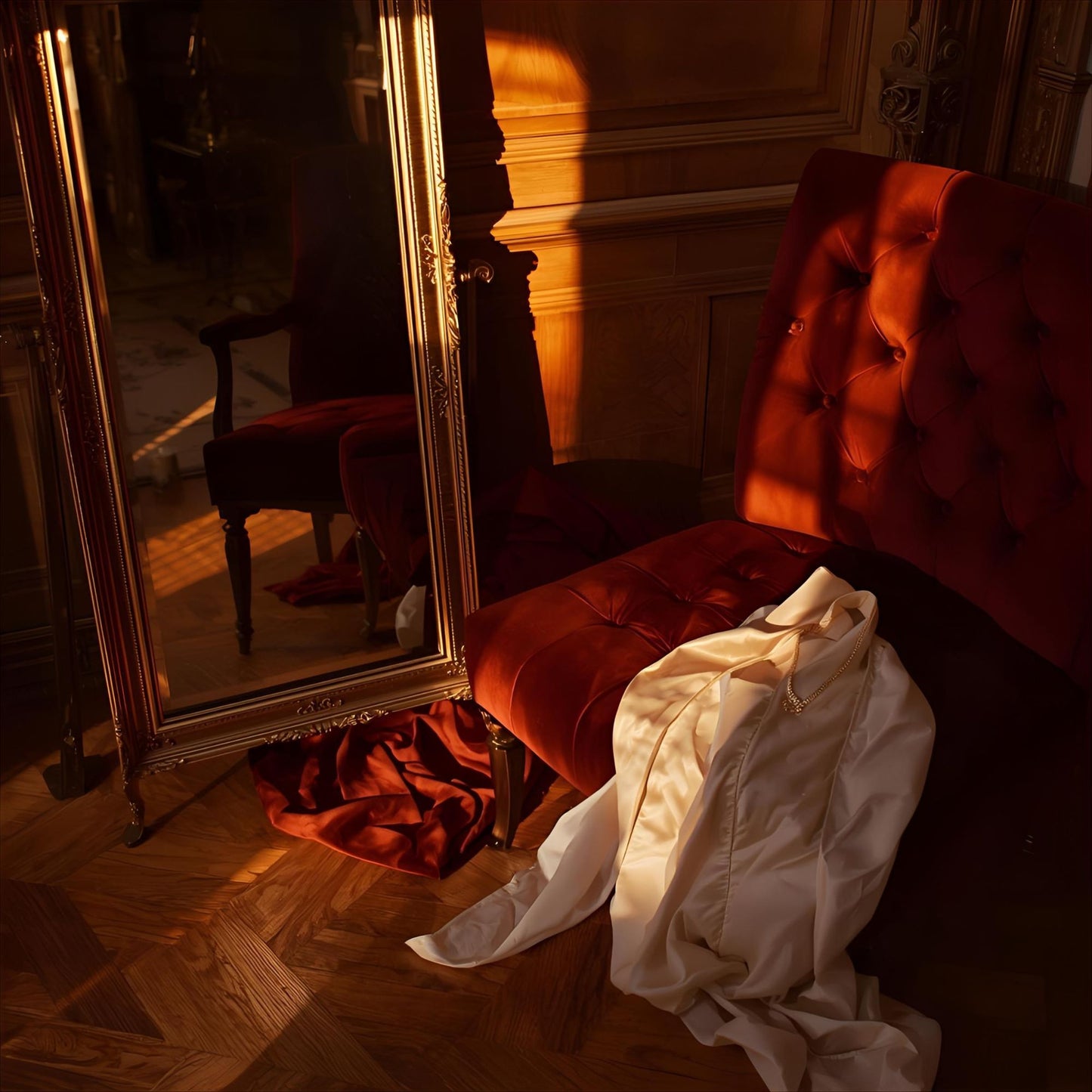 Amber Gloam extrait de parfum — a warm reinterpretation of MFK Grand Soir. Amber, labdanum, benzoin, tonka bean, vanilla, and musk. A Parisian salon at dusk with parquet floors and candlelight, evoking elegance, warmth, and olfactive refinement.