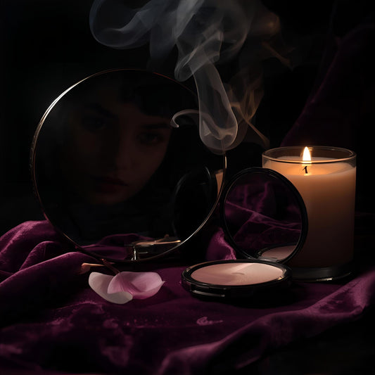 Bloom After Dark extrait de parfum — a seductive reinterpretation of YSL Black Opium. Black coffee, jasmine, vanilla, and pear. Lipsticked mirror and candlelit vanity with velvet shadows.