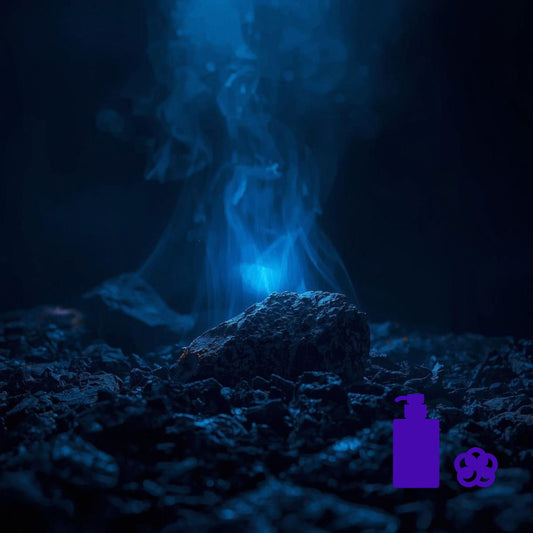 Dark rocky surface with blue mist and body‑wash and loofah icons in the corner.