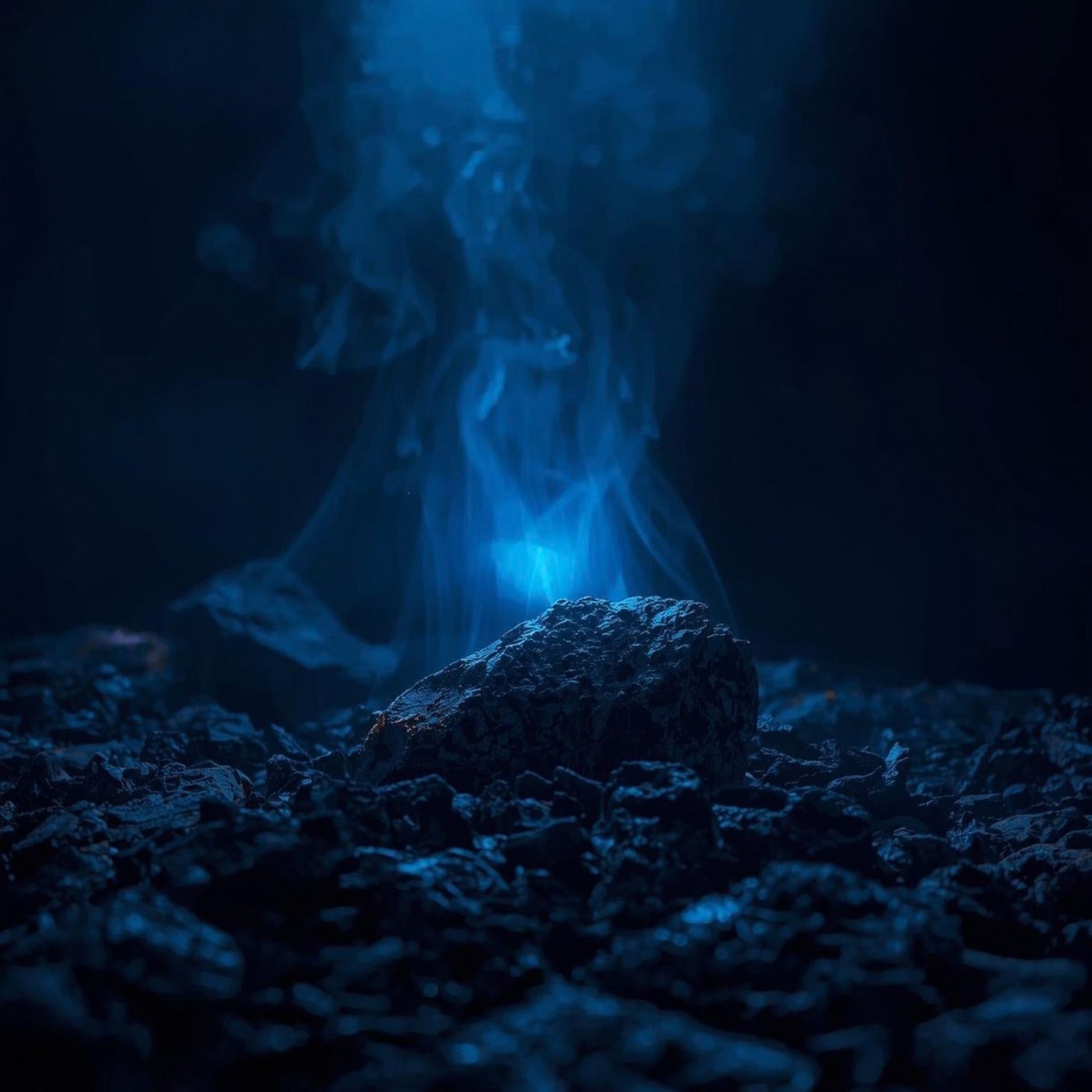 “Blue ember glowing within dark mineral rock, cool smoke rising in a cinematic scene — atmospheric visual representing a reinterpretation of Dior Sauvage.”
