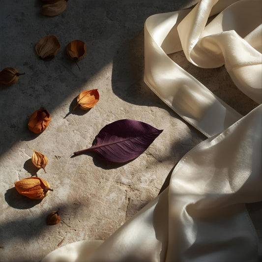 Body in Bloom extrait de parfum — a sensual reinterpretation of JPG Le Beau Paradise Garden. Violet leaf, tonka bean, cashmeran, and woody amber. A stone surface with dried flower pods, a deep purple leaf, and ivory satin ribbon, evoking floral masculinity and olfactive contrast.