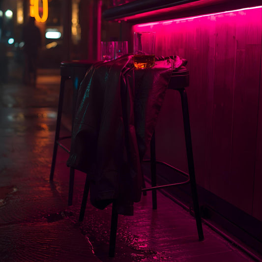 Chestnut Blaze extrait de parfum — a warm reinterpretation of Armani Stronger With You Intensely. Chestnut, pink pepper, amber woods, and vanilla. Neon reflections and a leather jacket in moody city light.