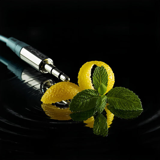 Chrome Pulse extrait de parfum — a sleek reinterpretation of Paco Rabanne Phantom. Lemon, mint, lavender, and vanilla. Silver reflections and kinetic silhouettes in a mirrored dreamscape.