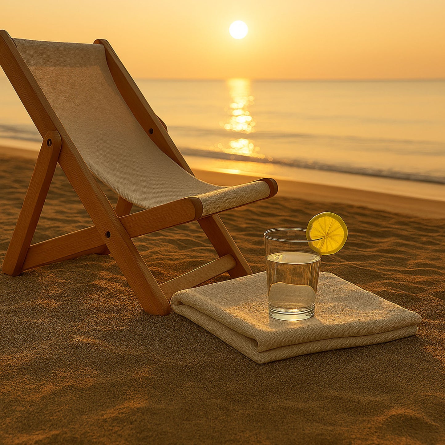 Citrus Current extrait de parfum — a fresh, citrusy reinterpretation of Versace Eros Energy. Wooden lounge chair, lemon water, and golden sunrise on a European beach.