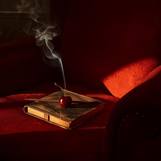 Crimson Ash extrait de parfum — a hypnotic reinterpretation of Tom Ford Cherry Smoke. Dark cherry, saffron, osmanthus, and smoked woods. Velvet lounge lit by embers with curling smoke and a single cherry.