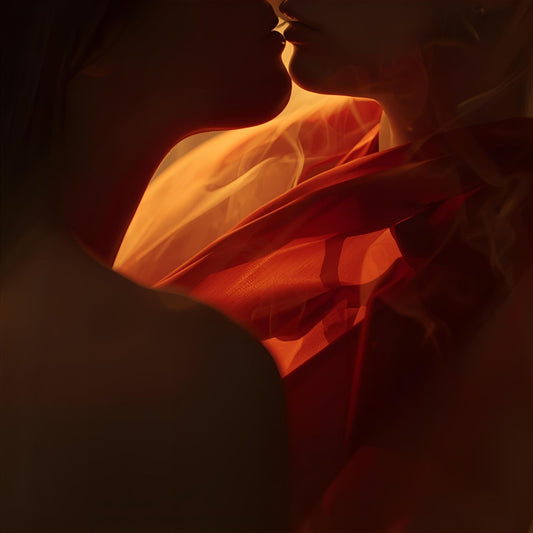 Crimson Voltage extrait de parfum — a warm, romantic reinterpretation of Versace Eros Flame. Red silk, golden light, and glowing bottle.