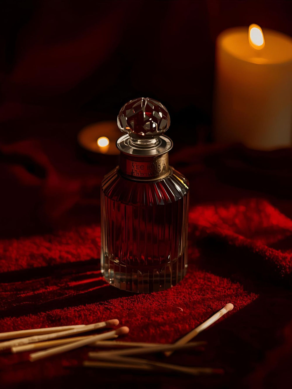 Vintage perfume bottle on brass tray with burnt matches and candlelight