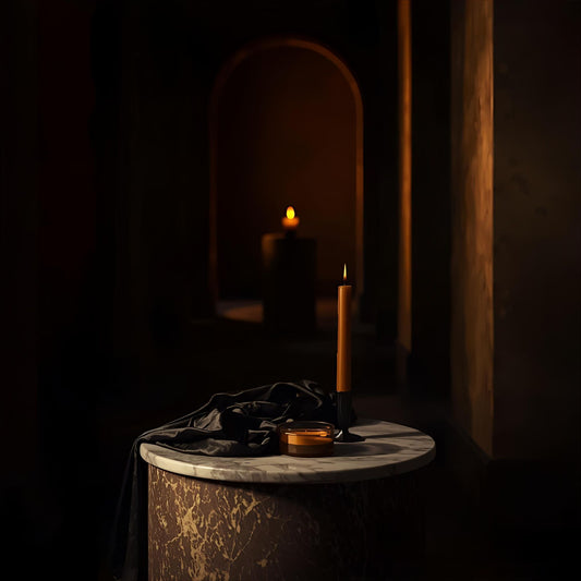 Dark Resin extrait de parfum — a rich reinterpretation of Armani Stronger With You Oud. Oud, leather, cinnamon, and amber. Candlelit corridor with black silk and marble shadows.