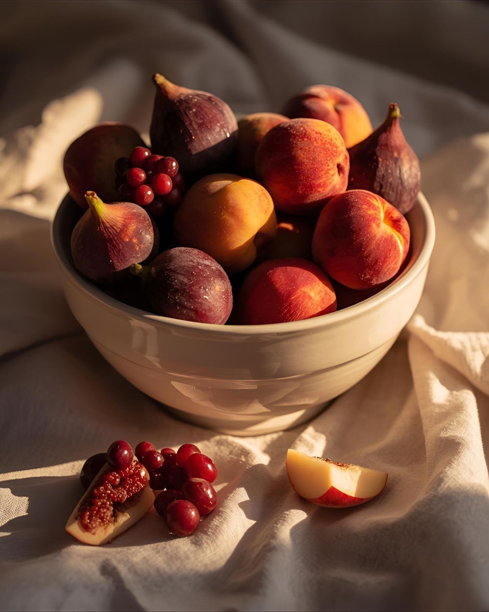 Ceramic bowl filled with figs, peaches, grapes and a sliced apple, resting on cream-colored fabric. A sensory portrait of the Fruity scent family. Juicy, radiant and quietly indulgent, evoking sunlit abundance and playful depth.