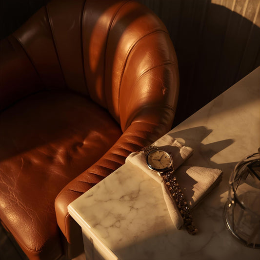 Gilded Smoke extrait de parfum — a warm reinterpretation of Armani Stronger With You Leather. Leather, amber, vanilla, and toffee. A wristwatch on marble beside a leather armchair in golden light.