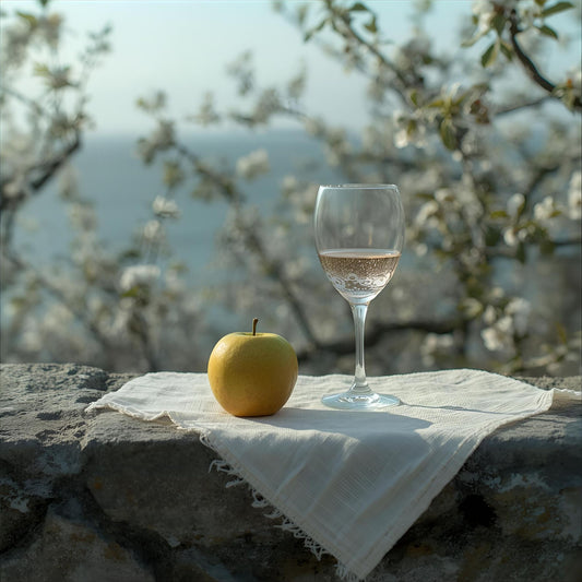 Glass Orchard extrait de parfum — a crisp reinterpretation of Clive Christian Crab Apple Blossom. Crab apple blossom, bergamot, mint, rhubarb, sandalwood, and driftwood. A walled orchard by the sea with linen pressed by wind and light glinting off frost and glass, evoking clarity, sharpness, and emotional freshness.