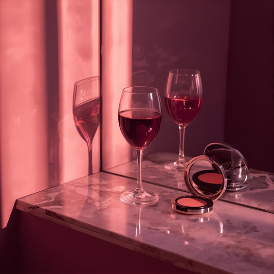 Gloss Theory extrait de parfum — a bold reinterpretation of Burberry Her. Blackcurrant, raspberry, violet, jasmine, amber, and musk. A lipstick imprint on a wine glass in a mirrored hallway at dusk, evoking polish, presence, and cerebral sweetness.