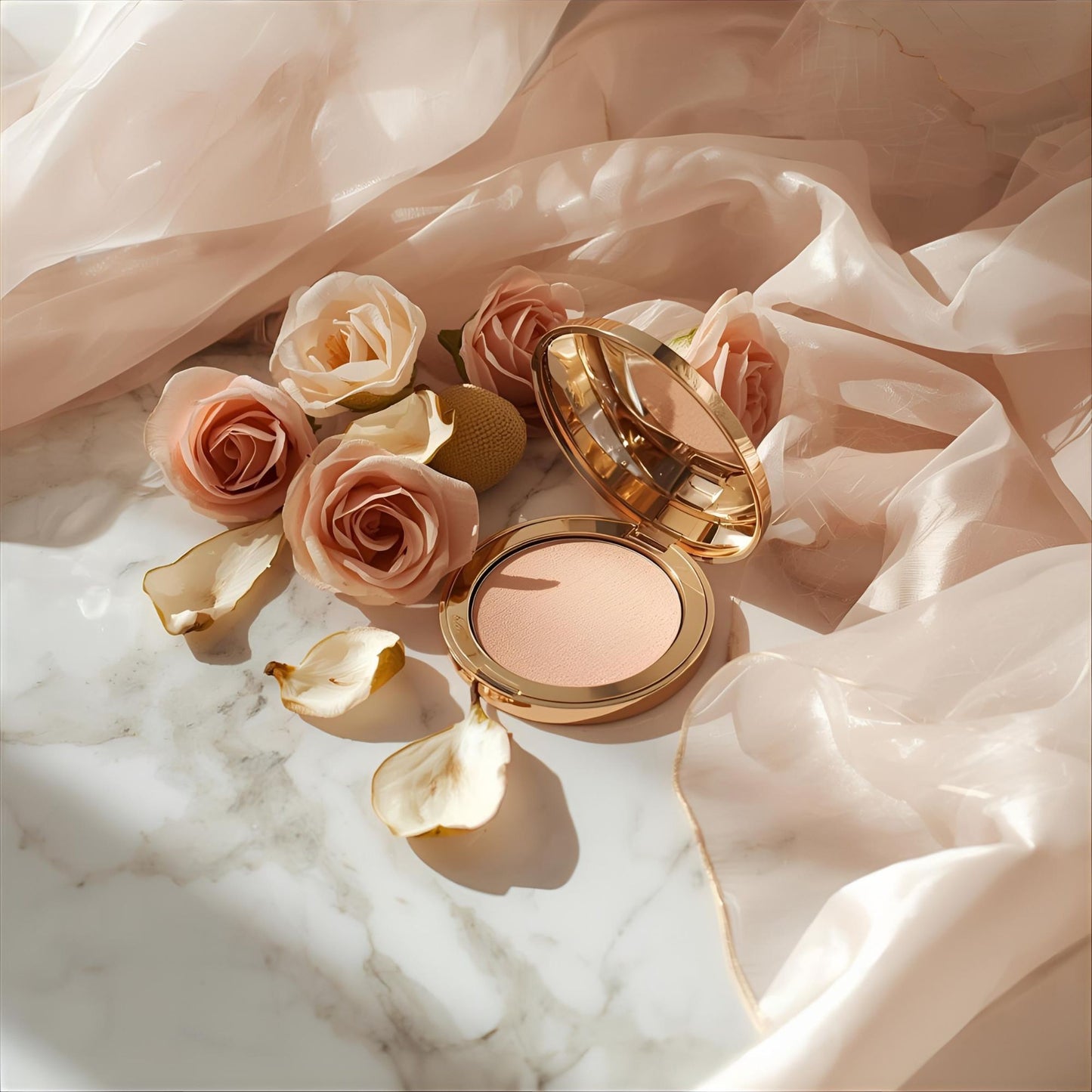 Gloss Veil extrait de parfum — a radiant reinterpretation of Parfums de Marly Delina Exclusif. Lychee, pear, damascena rose, vanilla, and white musk. A marble surface with silk veil, dried petals, and gold detail, evoking softness, elegance, and quiet command.