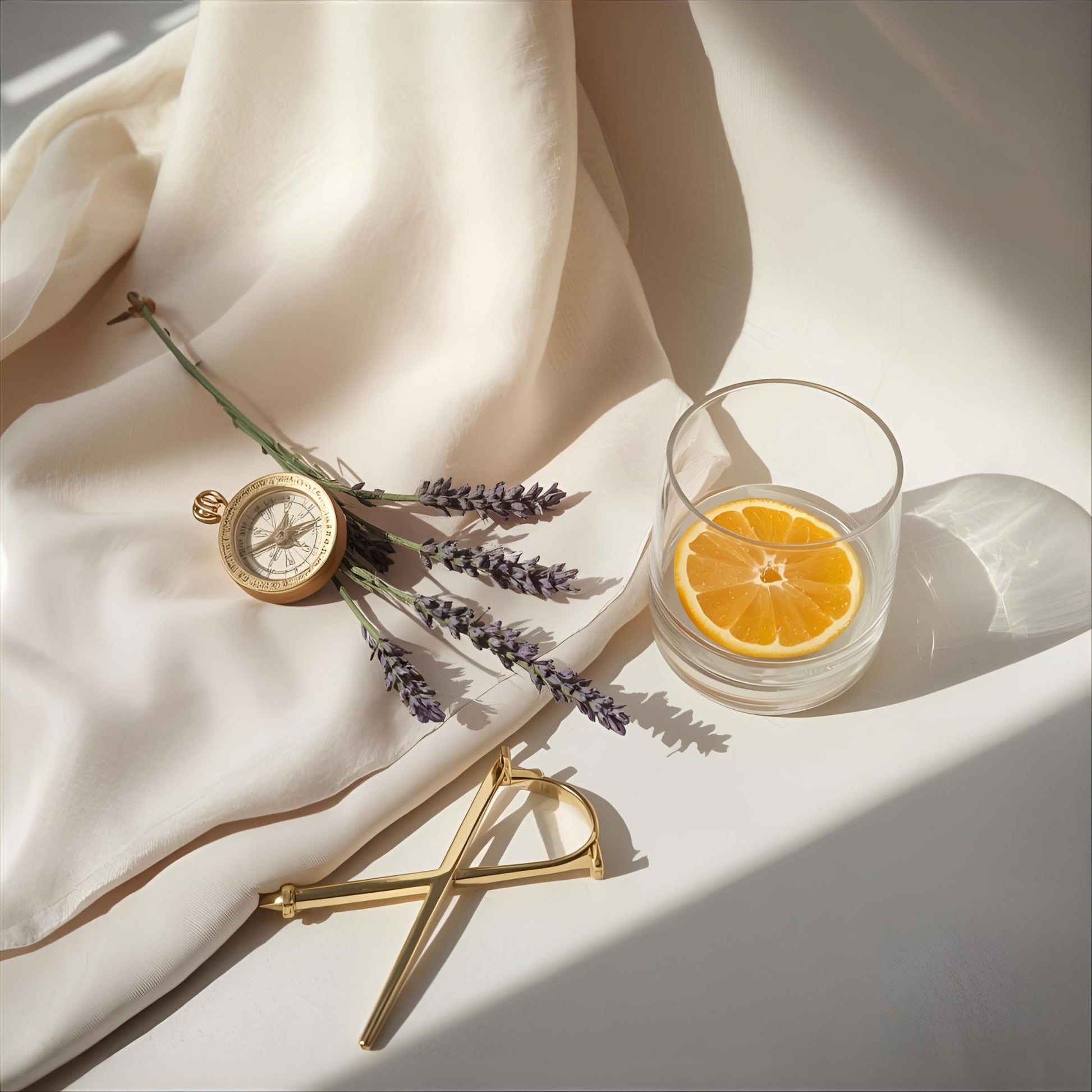 Gold Logic extrait de parfum — a radiant reinterpretation of YSL Libre. Lavender, mandarin, orange blossom, jasmine, vanilla, and ambergris. A structured linen backdrop with silk, citrus, and gold detail, evoking elegance, clarity, and quiet command.