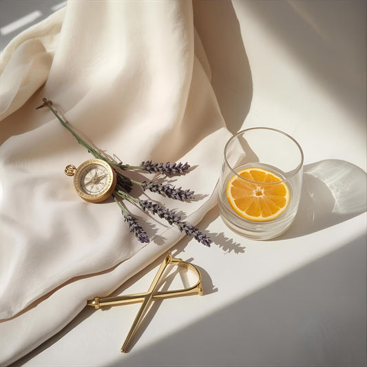 Gold Logic extrait de parfum — a radiant reinterpretation of YSL Libre. Lavender, mandarin, orange blossom, jasmine, vanilla, and ambergris. A structured linen backdrop with silk, citrus, and gold detail, evoking elegance, clarity, and quiet command.