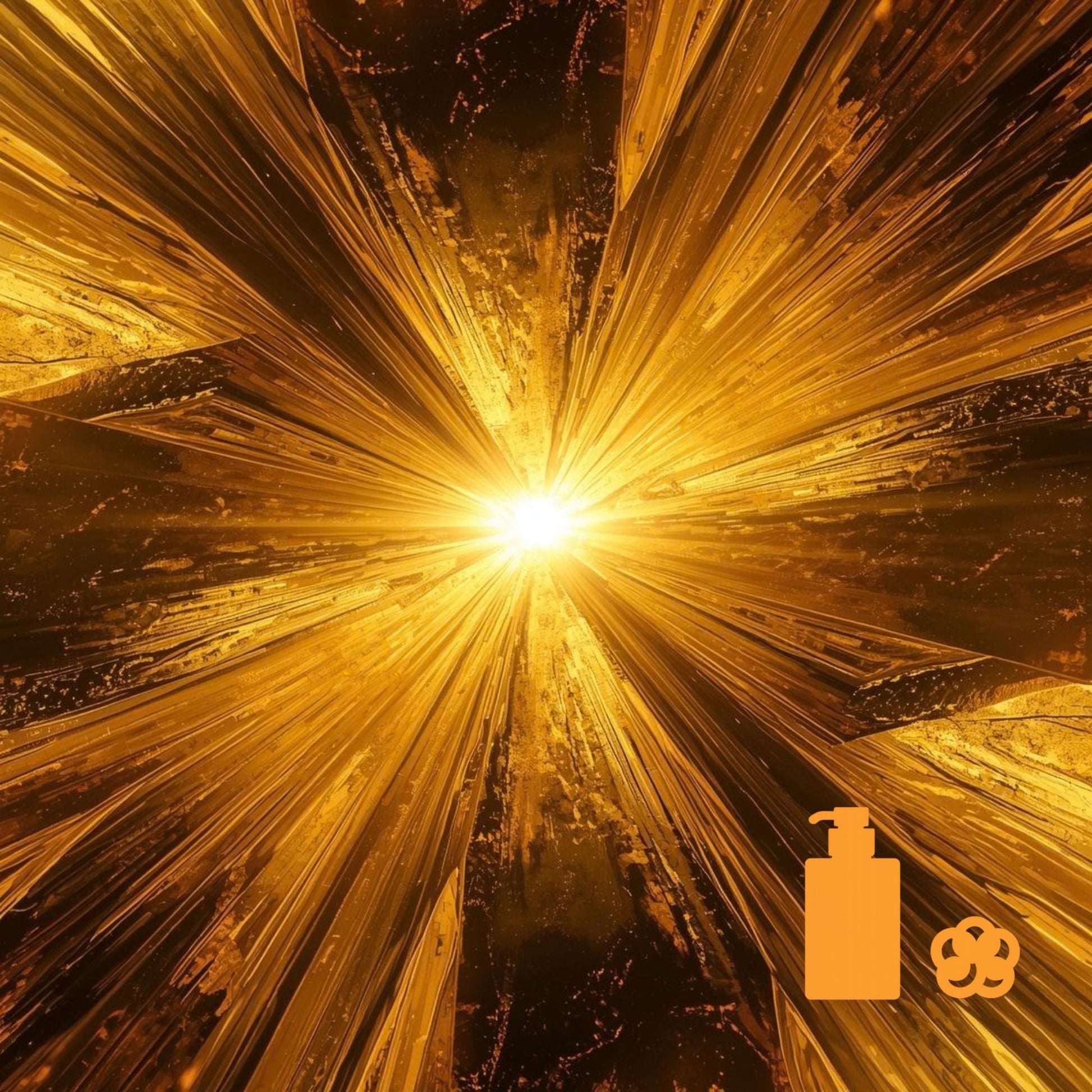 Golden burst of light with radiating streaks and body‑wash and loofah icons in the corner.