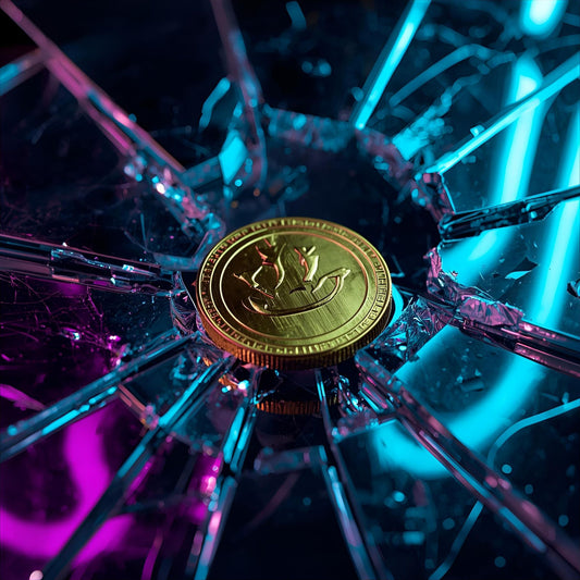 Golden Glitch extrait de parfum — a bold reinterpretation of Paco Rabanne 1 Million Lucky. Green plum, citrus, hazelnut, cedarwood, amber, and patchouli. Gold foil and flickering lights in a digital dreamscape.