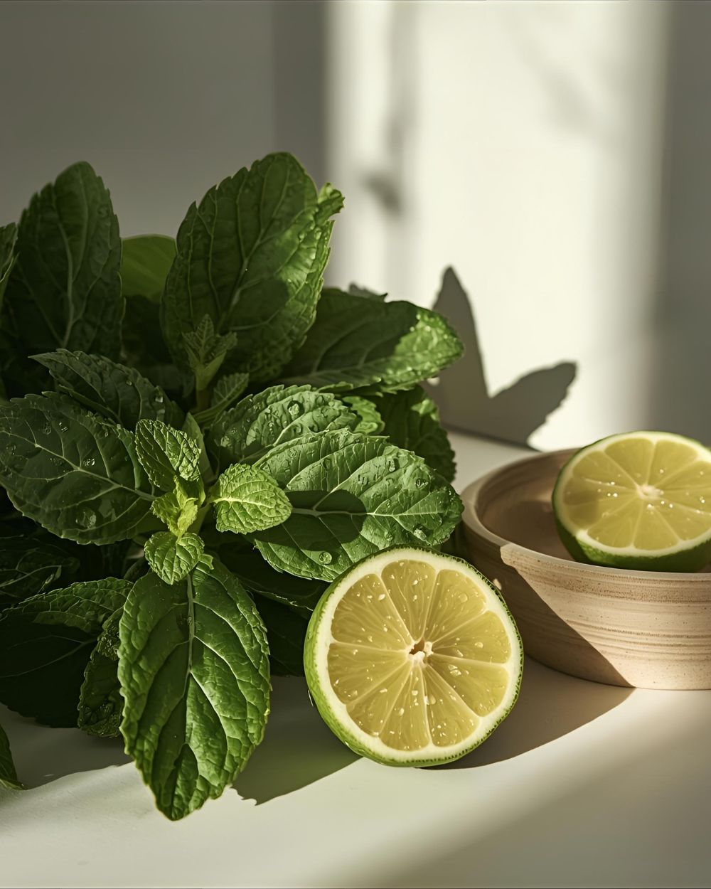 Fresh mint leaves and halved limes arranged on a sunlit surface. A sensory portrait of the Green scent family. Verdant, crisp and quietly alive, evoking wild stillness and botanical clarity.