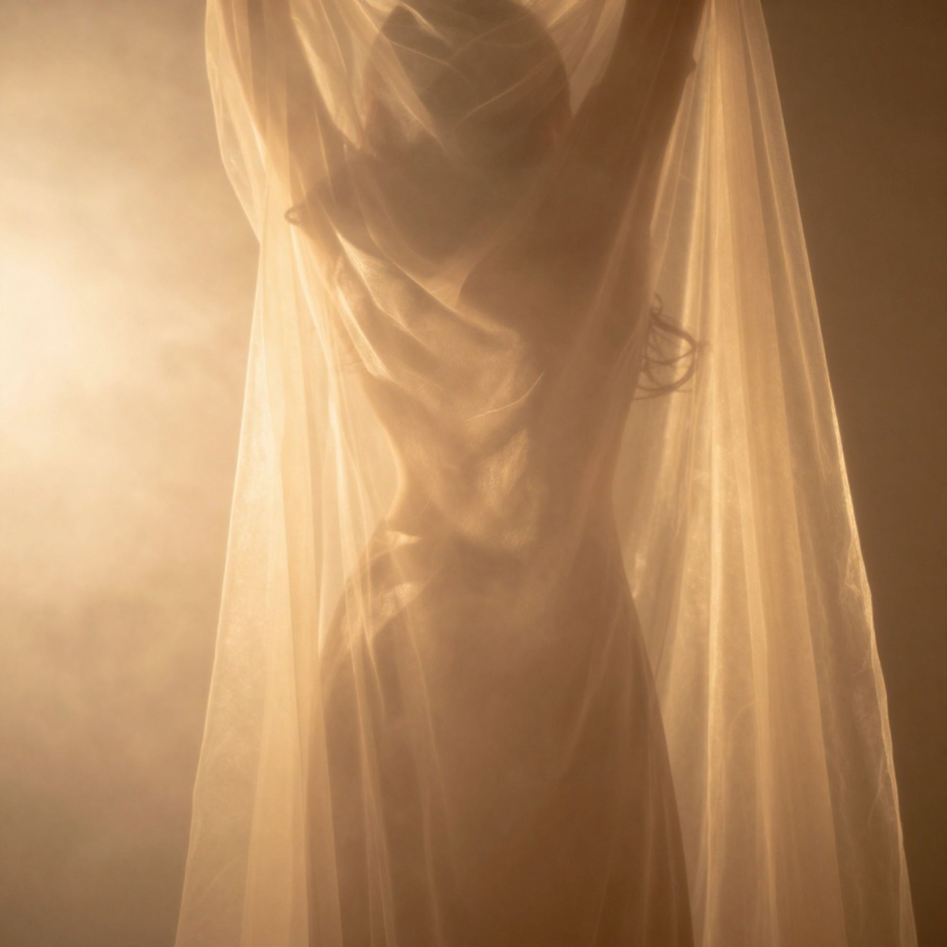 A soft, ethereal scene with warm light filtering through flowing sheer fabric, revealing only a faint human silhouette behind it. The atmosphere feels dreamy, abstract, and luminous, with gentle movement and warm golden tones. A reinterpretation of Amouage Guidance.