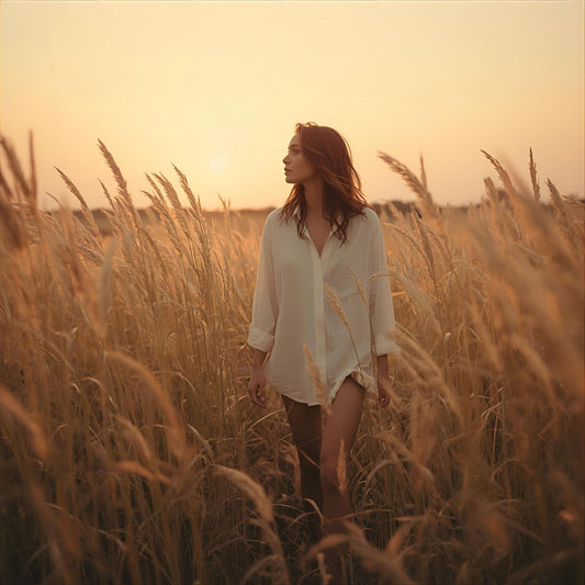 Her Afterglow extrait de parfum — a radiant reinterpretation of Burberry Goddess. Vanilla, lavender, cacao, tonka bean, and musk. A woman walks through a golden field at dusk, evoking warmth, presence, and olfactive memory.