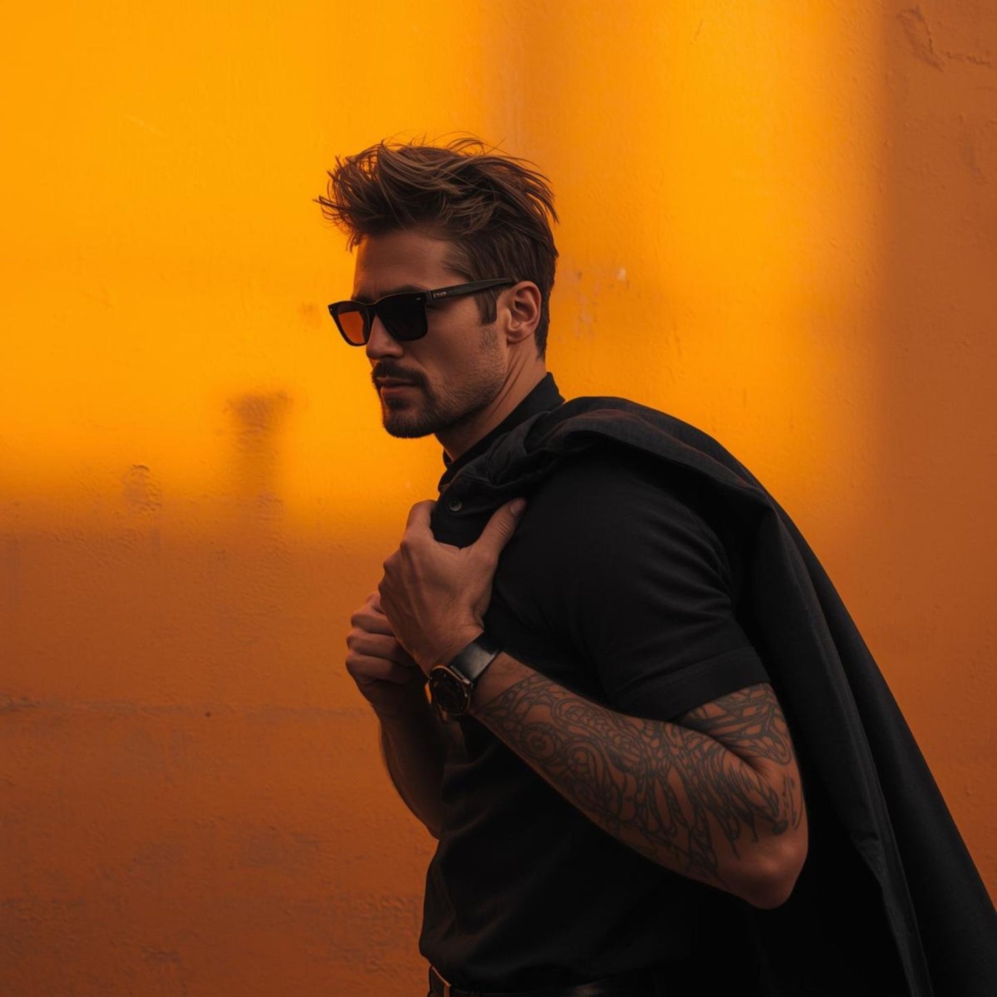 Smouldering man with styled hair, two‑day stubble, black sunglasses and a jacket over his shoulder standing against a vibrant citrus‑orange atmospheric backdrop, used to represent Imagined Light, inspired by Louis Vuitton Imagination.”