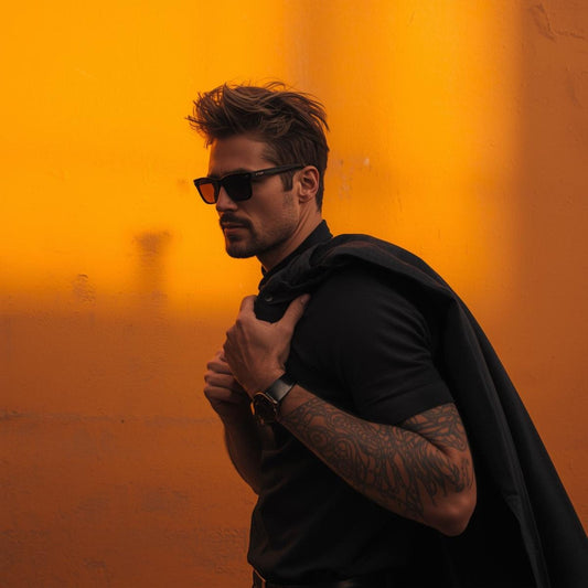 Smouldering man with styled hair, two‑day stubble, black sunglasses and a jacket over his shoulder standing against a vibrant citrus‑orange atmospheric backdrop, used to represent Imagined Light, inspired by Louis Vuitton Imagination.”