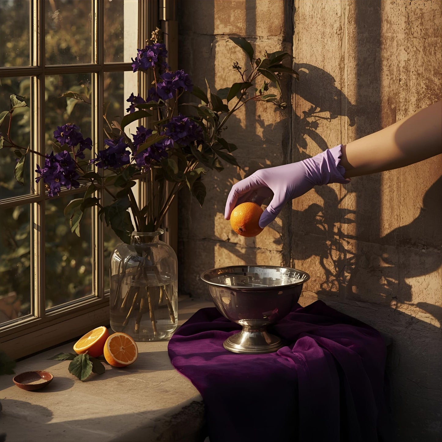 Imperium Bloom extrait de parfum — a regal reinterpretation of Clive Christian VII Queen Anne Rock Rose. Tarocco orange, saffron, violet, rock rose, leather, and amber. A stone conservatory with violets and silver citrus, evoking elegance, restraint, and olfactive lineage.