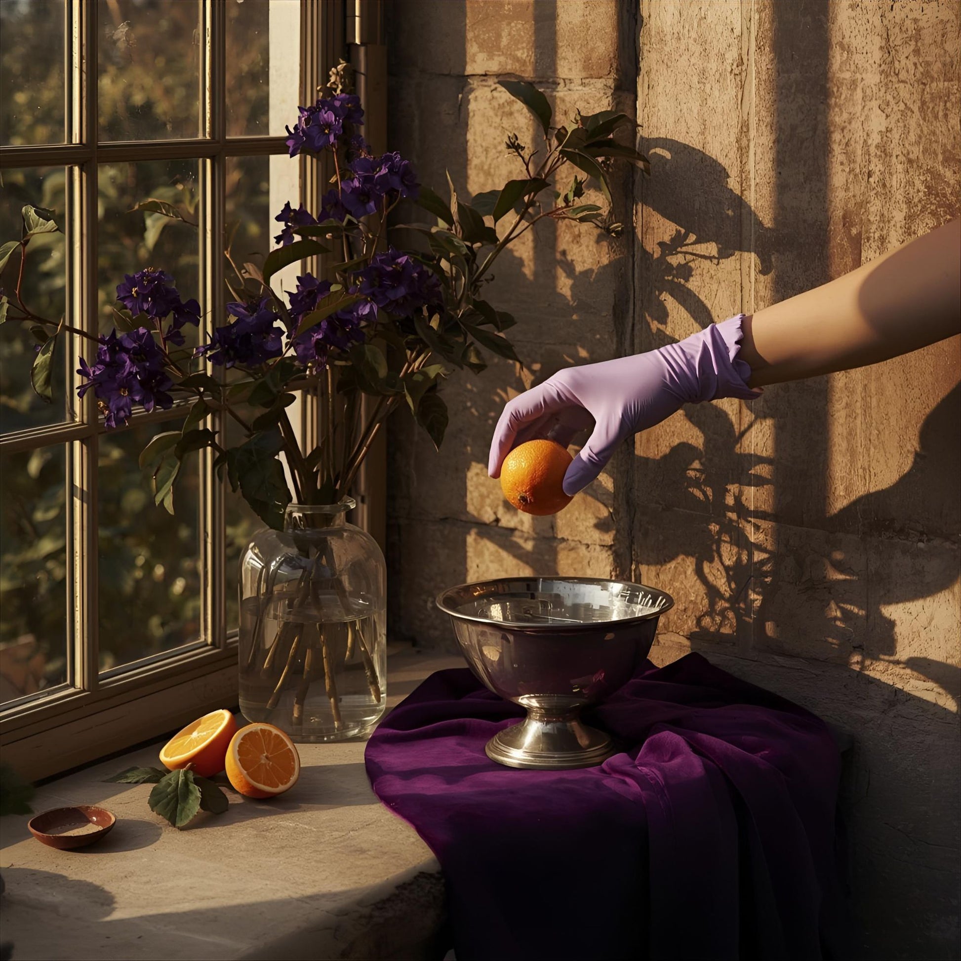 Imperium Bloom extrait de parfum — a regal reinterpretation of Clive Christian VII Queen Anne Rock Rose. Tarocco orange, saffron, violet, rock rose, leather, and amber. A stone conservatory with violets and silver citrus, evoking elegance, restraint, and olfactive lineage.