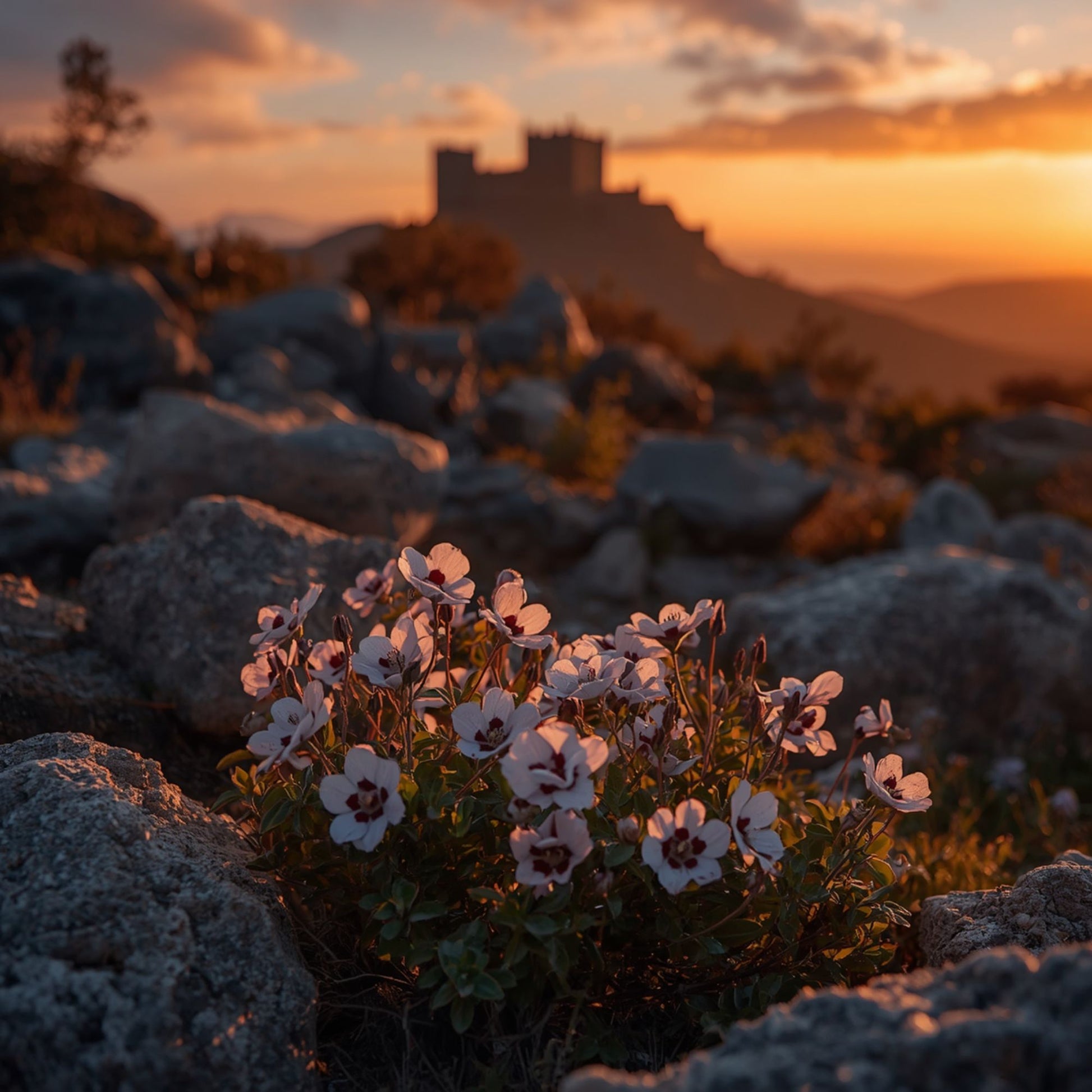 Delicate white and pink flowers growing among rugged rocks at golden sunset, with a distant stone castle silhouetted on the horizon under warm amber and violet skies.