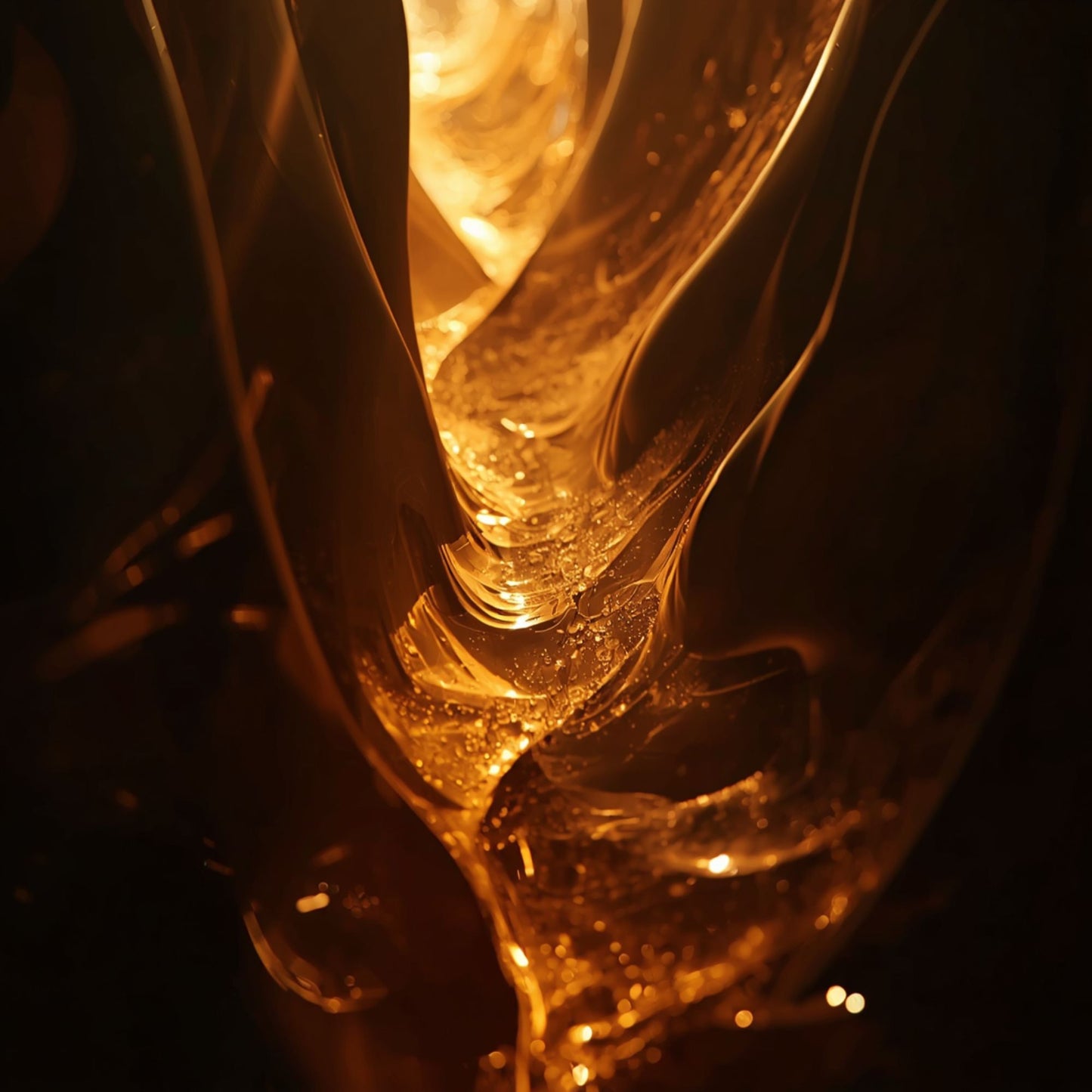Abstract close-up of glowing amber and cocoa-toned molten forms with deep shadows, inspired by Kayali Oudgasm Chocolate Oud 11, creating a warm, resinous, intimate atmosphere