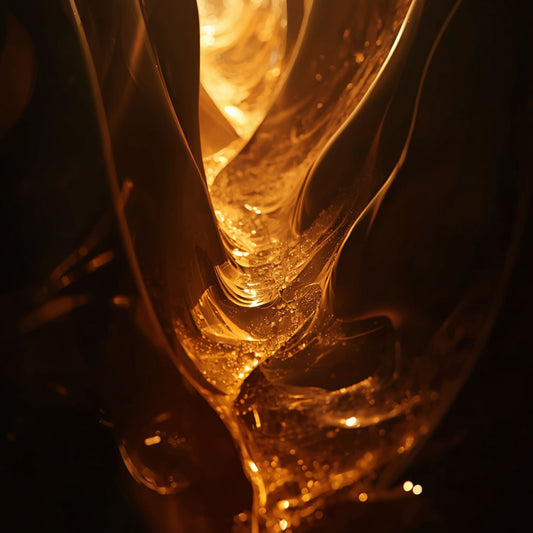 Abstract close-up of glowing amber and cocoa-toned molten forms with deep shadows, inspired by Kayali Oudgasm Chocolate Oud 11, creating a warm, resinous, intimate atmosphere