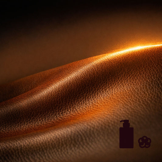 Warm brown leather texture with soft golden lighting, featuring a small black pump‑bottle icon and a cluster‑dot icon in the lower right corner.