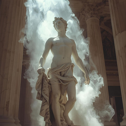 Marble Reign extrait de parfum — a sacred reinterpretation of YSL Kouros. Aldehydes, clary sage, patchouli, leather, and civet. A classical marble statue bathed in light, surrounded by swirling smoke and towering columns.