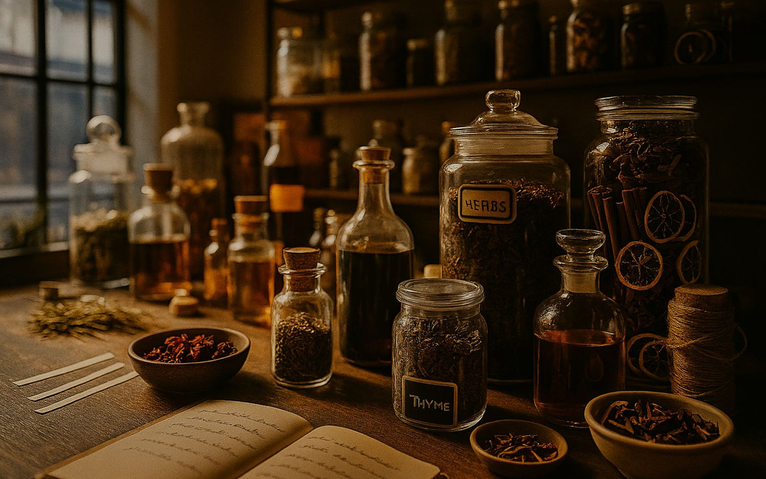 Warm-toned apothecary scene with glass jars of herbs, amber bottles, handwritten notes, and botanical sketches — evoking Metaphor’s artisanal scent ritual and quiet craftsmanship.