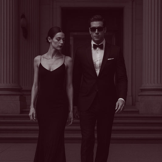 Elegant couple in black eveningwear descending steps of a classical building, cinematic reinterpretation of Ex Nihilo Fleur Narcotique.”