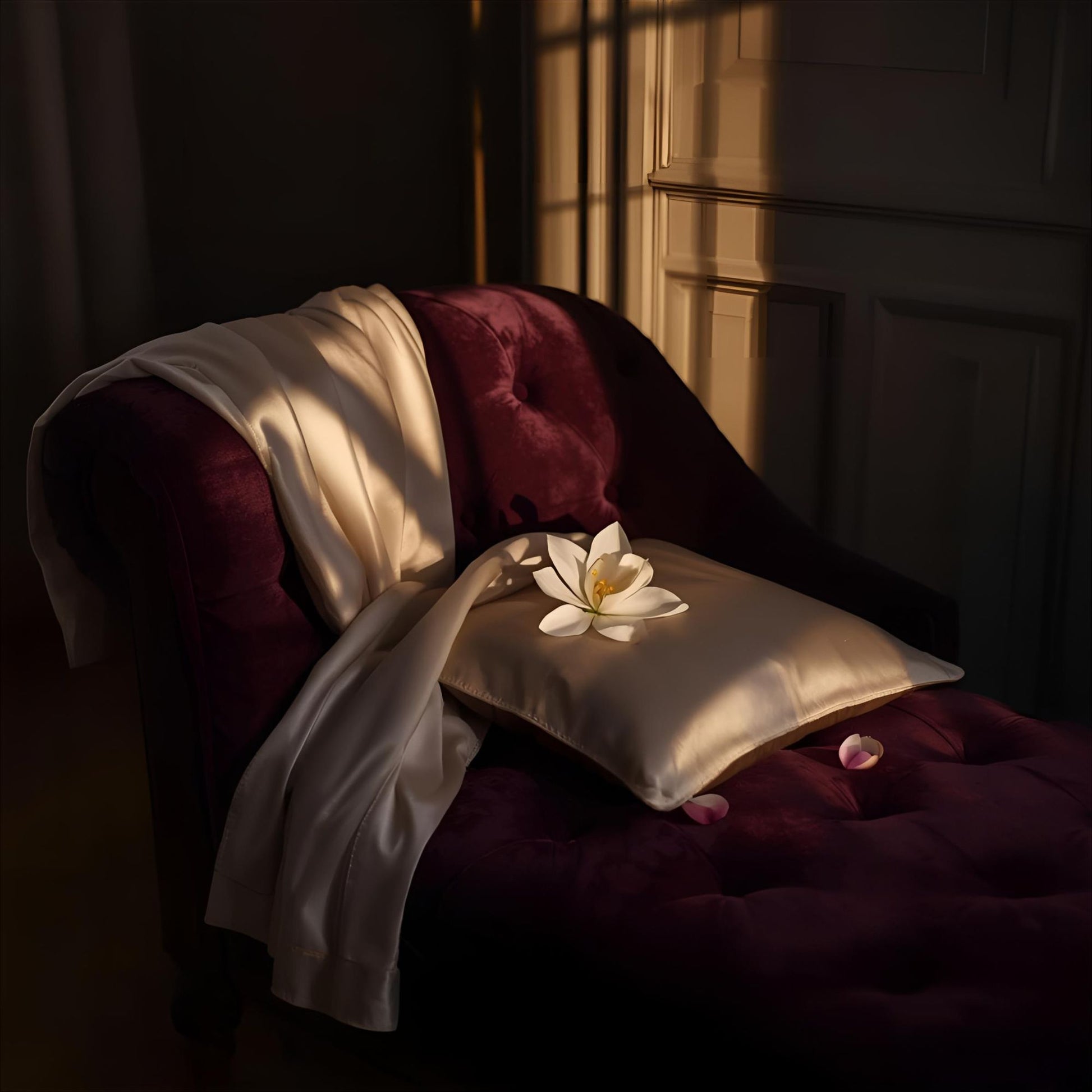 Noir Whisper extrait de parfum — a soft reinterpretation of Versace Crystal Noir. Gardenia, cardamom, coconut, amber, and musk. Candlelit velvet lounge with silk and shadows.