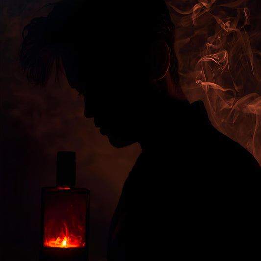 Obsidian Fire extrait de parfum — a spicy, smoky reinterpretation of Dior Sauvage Elixir. Glowing bottle, swirling ember smoke, and shadowed silhouette.