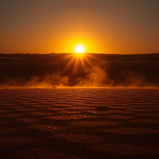 “Sunlit desert dunes at golden hour with long, dramatic shadows and a warm amber glow — campaign image for Leather Meridian, Metaphor’s reinterpretation of Tom Ford Ombre Leather.”