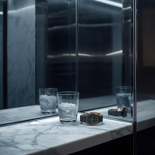 On the Rocks Edit extrait de parfum — a crisp reinterpretation of Kilian Vodka On The Rocks. Cardamom, rhubarb, vodka accord, lily of the valley, rose, leather, ambroxan, and moss. A mirrored elevator with chrome walls and condensation on glass, evoking clarity, restraint, and olfactive chill.